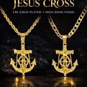 Ancla - 14K GP Jesus Christ Anchor Zircon Pendant 2" Necklace Rope Torch Figaro Link Chain 24" 4mm Width Fashion Luxury Religious Sailor Full Diamond Pendant