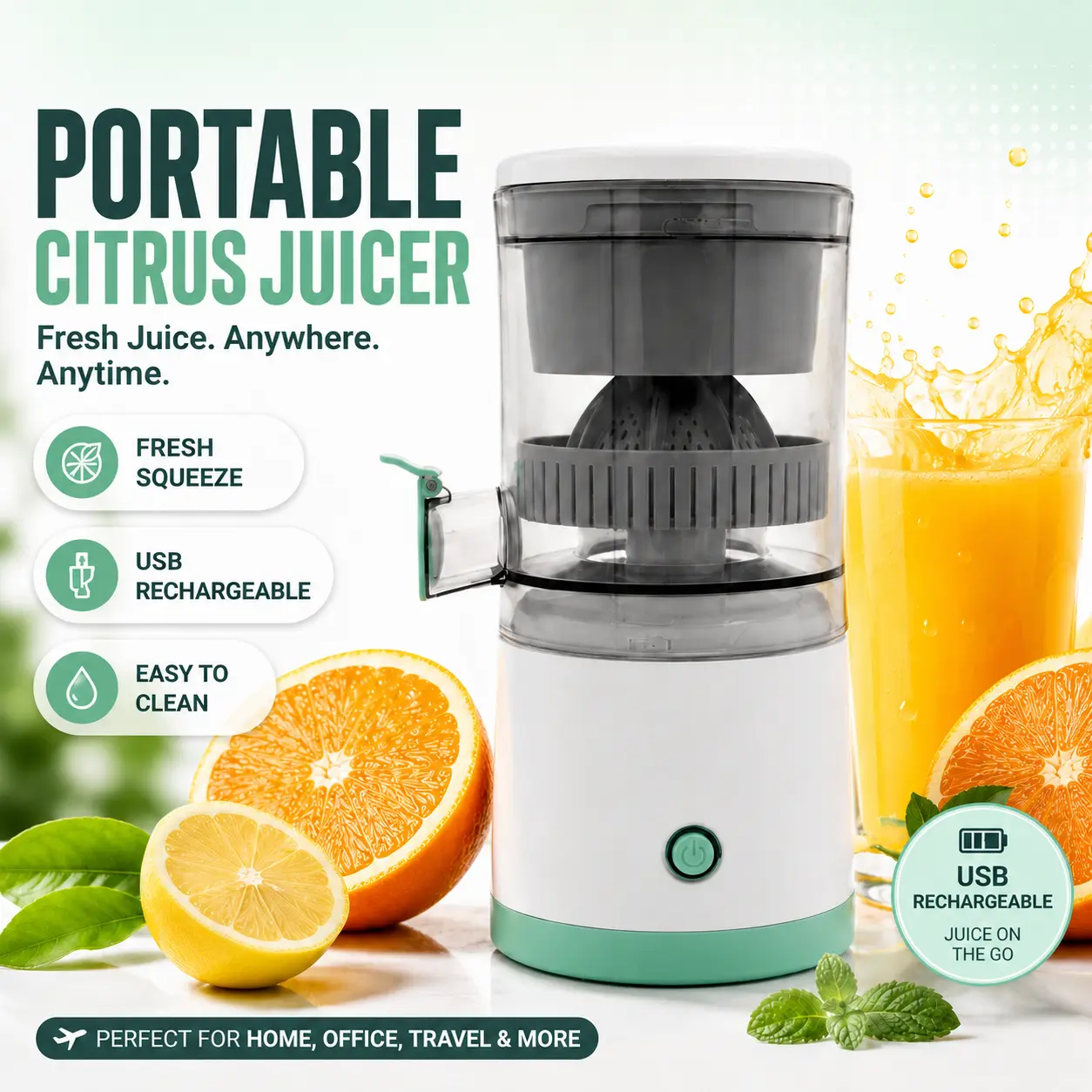 TAZTIR Portable Electric Citrus Juicer, USB-C Rechargeable Orange Lemon Juicer, One-Touch Citrus Press with Anti-Drip Spout, Detachable Parts, Easy Clean Juicer for Fresh Orange, Lemon, Lime & Grapefruit Juice