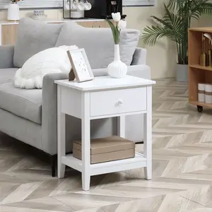 End Table, 2-tier Side Table with Drawer and Storage Shelf, Modern Side Table for Living Room, White