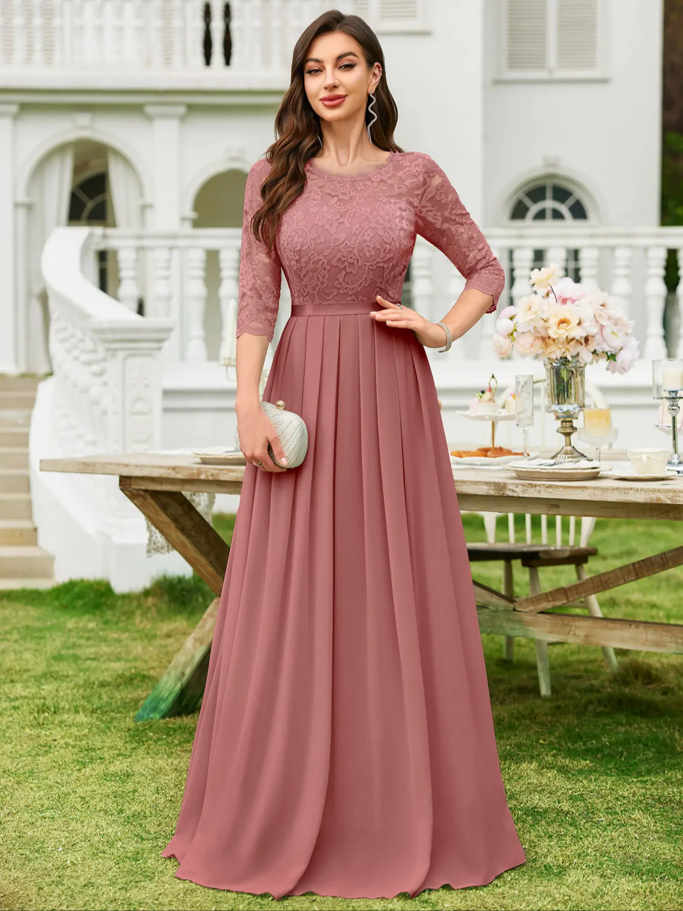 MIUSOL M22073 Women's Fit Chic Elegant Formal Floral Lace Sleeves Party Dress Long Gown, Perfect for Evening Parties, Wedding Guests, Holidays, Graduations
