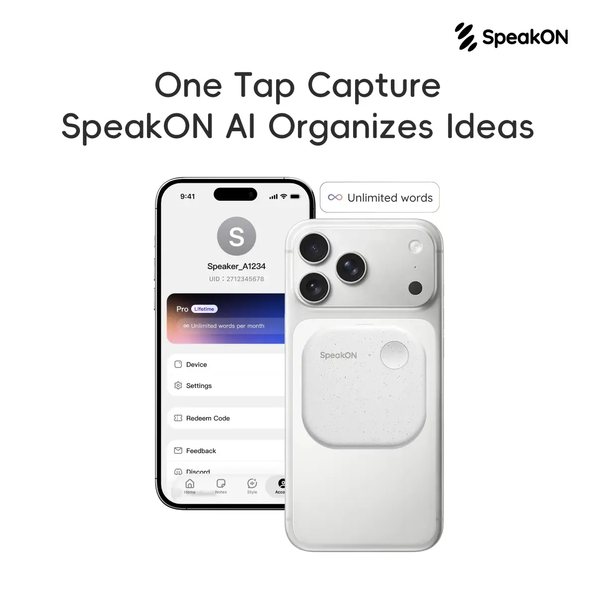 SpeakON Magnetic Portable Voice Recorder - 1-Tap Physical Button for Spontaneous Speech Capture, Transcription, Auto Summary, Multi-Language Translation, Polished Voice Note Rewrites in Multiple Tones, Ideal Gift