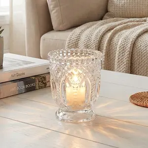 6 Pack 3" Clear Glass Candle Holders – Vintage Textured Decorative Candle Cups for Wedding Table Centerpieces & Gift Decor