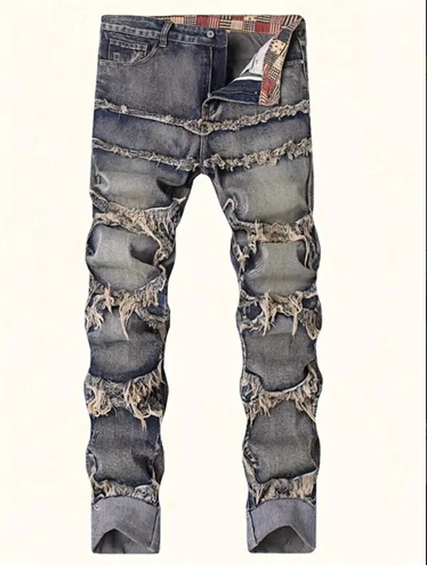 H068 Men Streetwear Heavy Frayed Multi‑Patch Ripped Loose Straight Jeans