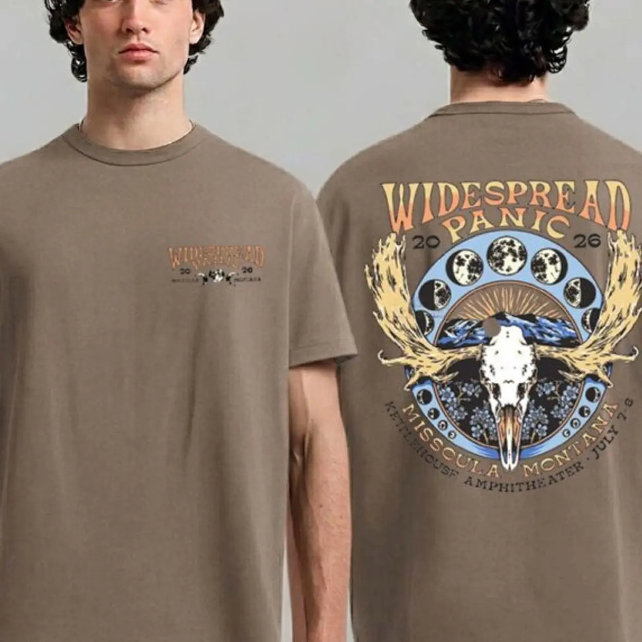 Widespread Panic Bonner Montana 2026 Merch Tee At Kettlehouse Amphitheater On July 7-8 2026 Brown Two Sided T-Shirt 7GZ