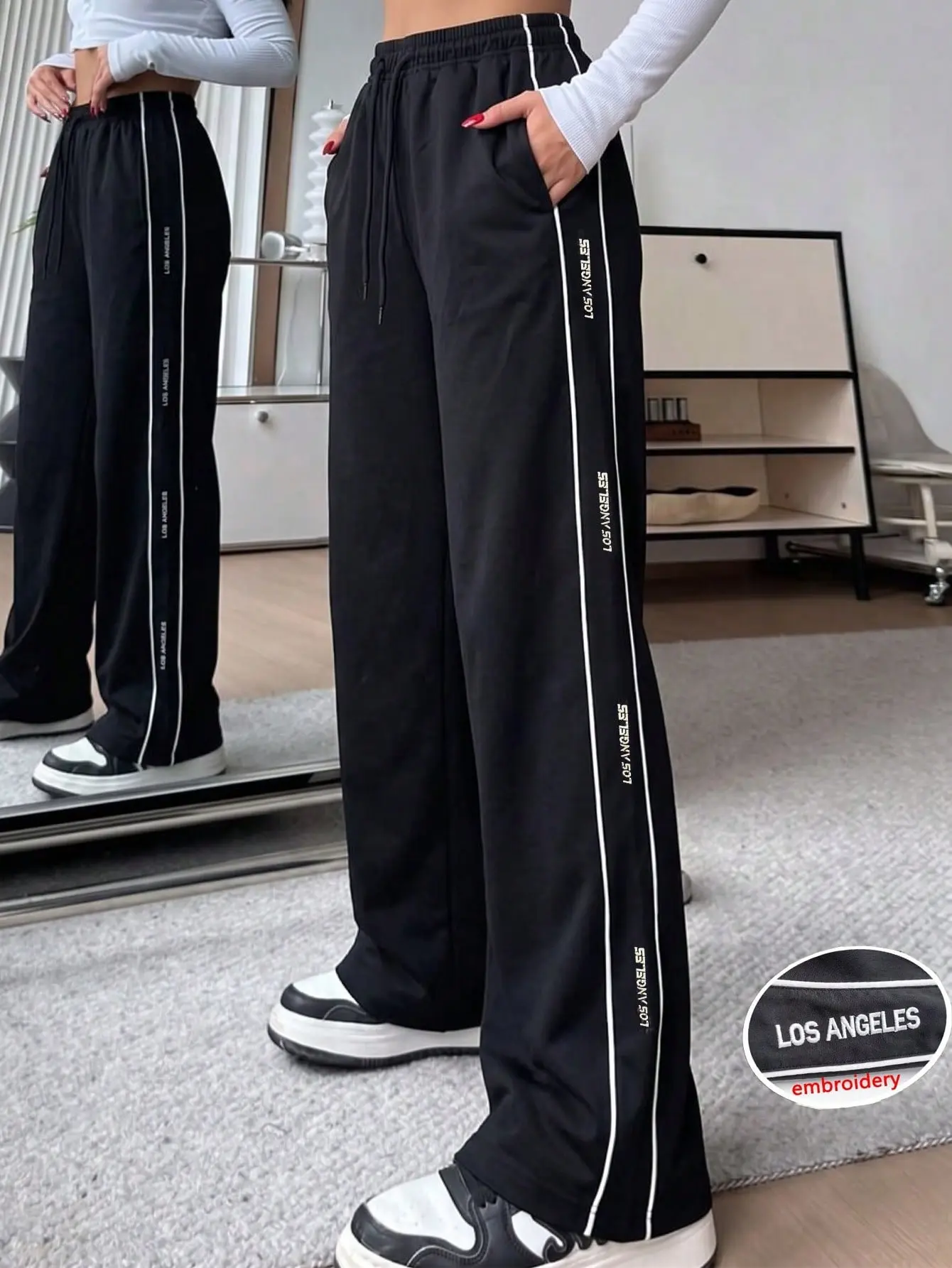 Women's Star Embroidery Wide Leg Track Pants, Casual Side Stripe Drawstring Loose Trousers, Y2K Streetwear Baggy Sport Pants # harem pants