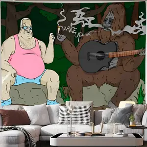 1pc Funny Bigfoot Tapestry - Whimsical Sasquatch Wall Art with Guitar & "Wake Up" Design, Wide Horizontal Polyester Wall Hanging for Bedroom, Living Room, Dorm Decor - Vibrant Colors, Tranquil Accent, No Electricity Needed, Indoor Decoratio Size