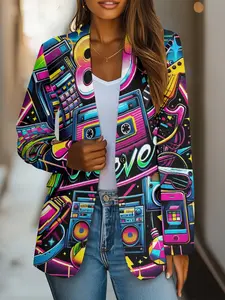 Women's Fashion Slim Fit Woven Blazer Jacket, Colorblock Patchwork Design, Casual Versatile Commuter Style Top for Daily & Parties, Print, Sleeve