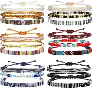 18 Pcs Boho Surfer Bracelet Anklet Adjustable Beaded Anklets Handmade Braided Bracelet Colorful Summer Beach String Rope Boho Jewelry for Women Men
