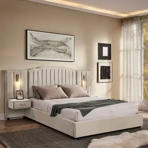Queen Size Upholstered Bed Frame with Velvet Fabric, Vertical Stripe Design with Buttons Around Platform Bed with Headboard, Solid Frame & Bedside Table - No Box Spring Needed