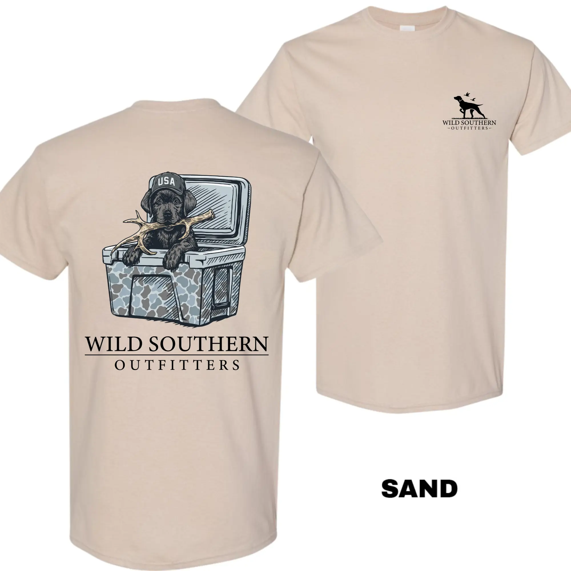 Wild Southern Outfitters Black Labrador with Shed Antler T-Shirt, Double-Sided Hunting Dog Graphic Tee for Men & Women