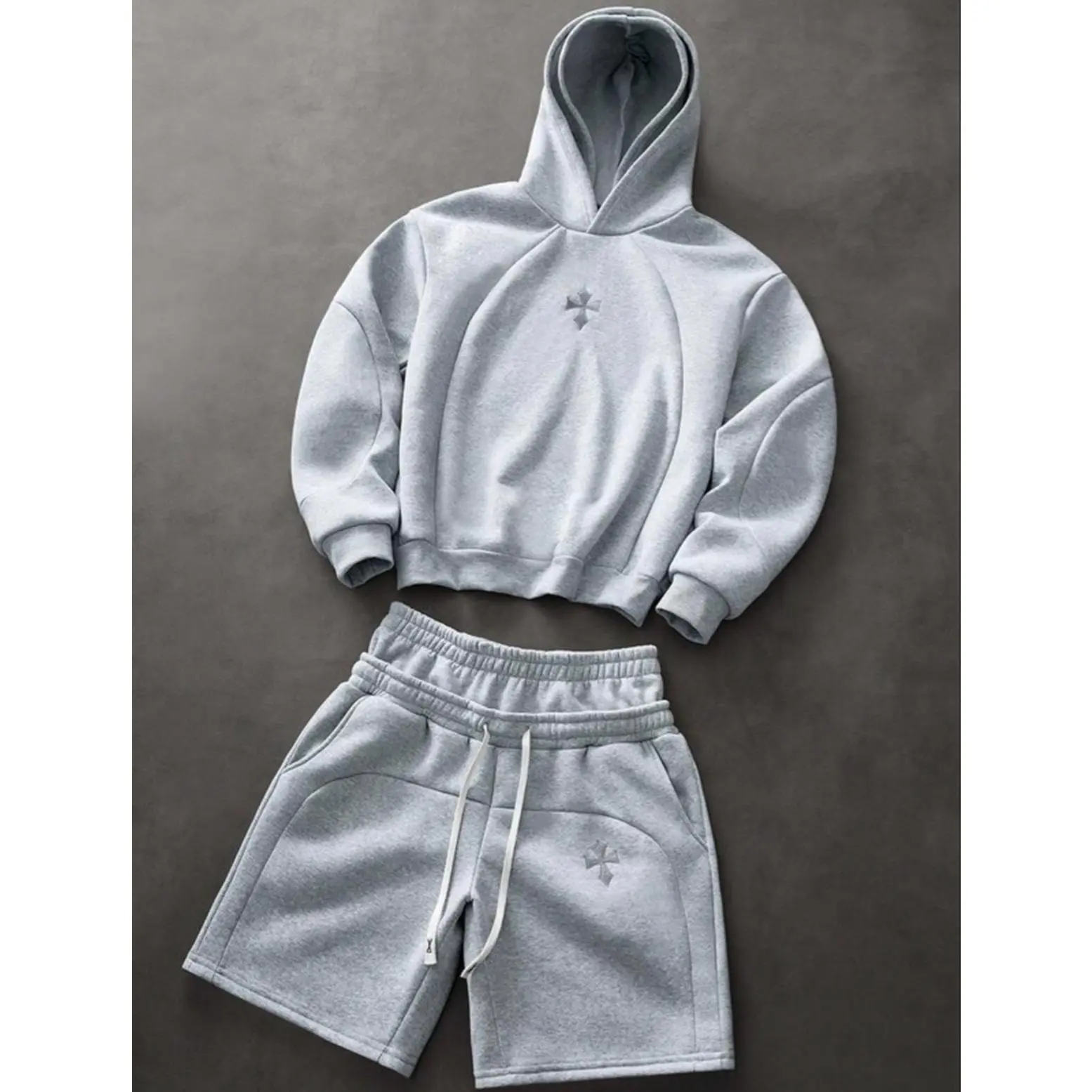 PAVTROS Men's Gray Streetwear Outfits 3D Embroidered Patchwork Logo 2-Piece Hoodie & Shorts Set, XS-XL Sizes, Ideal Gift for Boyfriend