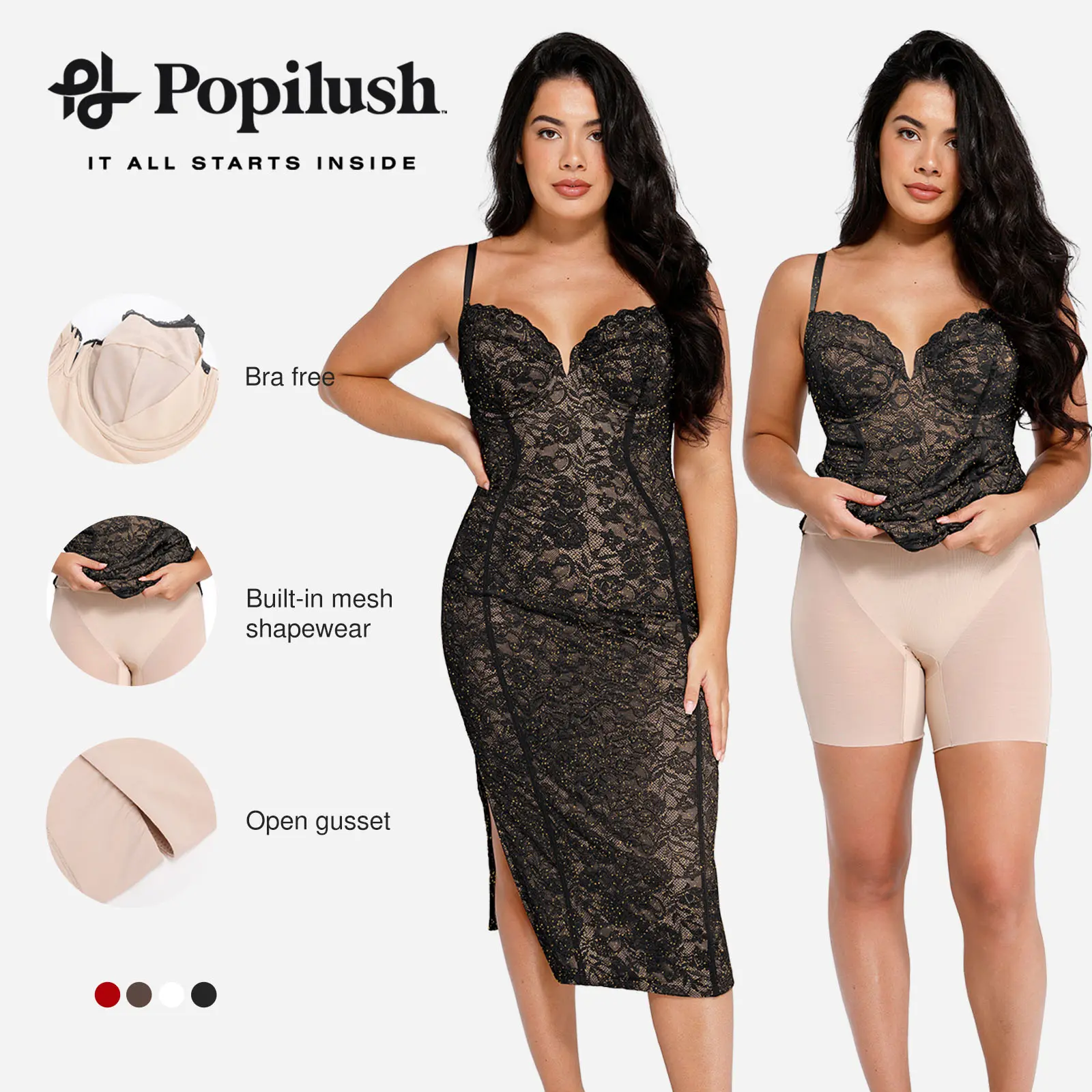 Popilush Basic All-Lace Corset Dress  Post Surgery Body Shaperwear V-Neck Spaghetti Strap Midi Side Slit Shapewear Women Tummy Control Birthday Outfit-Creator Live