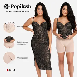 Popilush Basic All-Lace Corset Dress  Post Surgery Body Shaperwear V-Neck Spaghetti Strap Midi Side Slit Shapewear Women Tummy Control Birthday Outfit