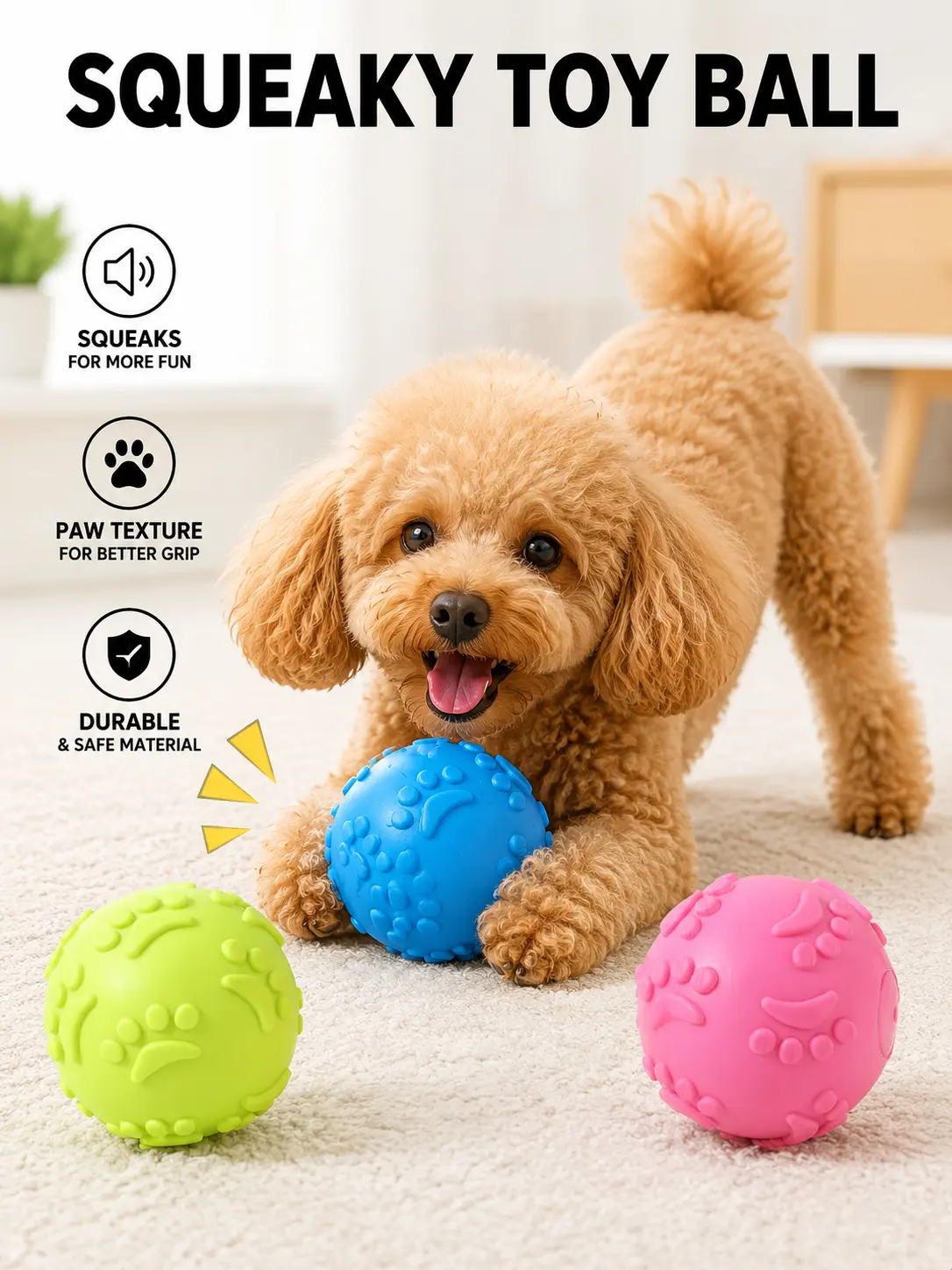 3 Pack Squeaky Dog Balls Toys, Colorful Interactive Puppy Chew Toys with Paw Print Texture, Teeth Cleaning & Oral Massage Dog Toys for Small Medium Large Dogs