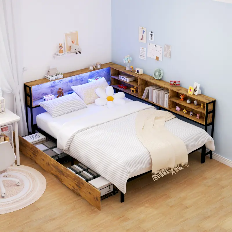 Full Corner Bed Frame with Storage, Full Size Captains Bed with Charging Station and LED Light, Wood Daybeds with L-Shaped Bookcase and 2 Drawers, Brown