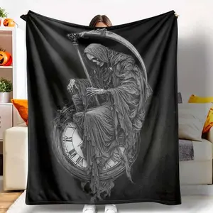 Grim Reaper Flannel Blanket, Death & Time Clock Print, Lightweight, Super Soft, AntiPilling, Suitable for Halloween, Gothic Home Decor, Spooky Season Gift, Dark Fantasy Lovers, Living Room, Bedroom, Sofa, Couch, Travel, Camping, Outdoor Events.-280GSM