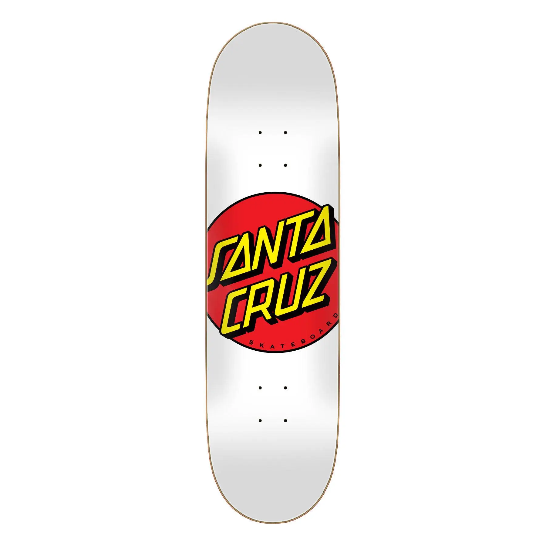 8.5in x 32.2in Classic Dot Santa Cruz Skateboard Deck, 14.375" Wheelbase, 32.2 Inches, 3D Concave, Lower Profile, Continuous Nose and Tail Kick, Lower, Continuous Nose And Tail Kick, Santa Cruz Classic Dot Artwork, Continuous Kick