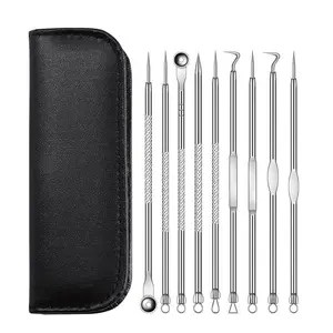 Professional Acne Stick and Blackhead Remover Set, 9-In-1 Stainless Steel Facial Cleaning Tool, Home Facial Care, Removes Pimples, Closed Comedones, Keratosis Pilaris, All Skin Types