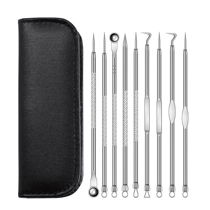 Professional Acne Stick and Blackhead Remover, Pore Remover Set, 9-In-1 Stainless Steel Facial Cleaning Tool, Home Facial Care, Removes Pimples, Closed Comedones, Keratosis Pilaris, All Skin Types