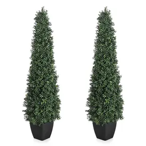 5FT Artificial Boxwood Topiary Trees,2Pack Faux Topiaries Tree Potted Boxwood Tree Cone Topiary Artificial Plant Shrub for Front Porch Home Office Decor