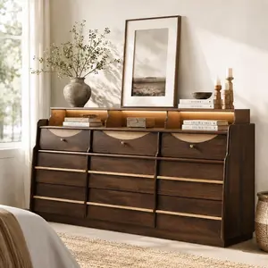 STO'SENSE 63" W 9 Drawer Dresser for Bedroom, Modern Wood Chest of Drawers W/LED Light, Round Knobs & Solid Wood Handles, Long Wooden Dresser TV Stand W/Shelf for TVs up to 75", Curved Profile, Walnut