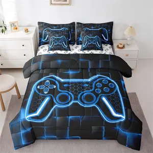 Feelyou 7-Piece Gamer Bed-in-a-Bag Set, Blue and Black Bedding Set with Sheets, Multi-Size Geometric Square Honeycomb Print Ombre Bedding, Machine Washable, Seven Pieces