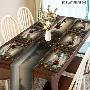 2D flat printing, 1 piece/4 pieces/6 pieces/5 pieces set/7 pieces set, Christmas sleigh winter scenery pattern table flag and placemat set, suitable for table decoration, family gatherings, indoor and outdoor use, ideal for daily use