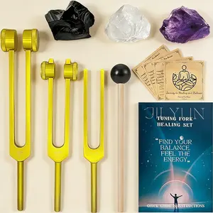 Tuning Fork Set 128Hz 256Hz 512Hz with Crystals & Mallet for Healing & Meditation