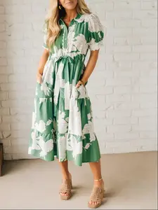 Boho Print Lapel Dress, Patchwork Fabric Design, Perfect for Vacation Wear, Stylish and Comfortable, Ideal for Leisure Time,Floral Tiered Midi,Cottagecore Shirt Dress,Puff Sleeve with Pockets,Boho Vacation Dress,Scalloped Trim Sundress