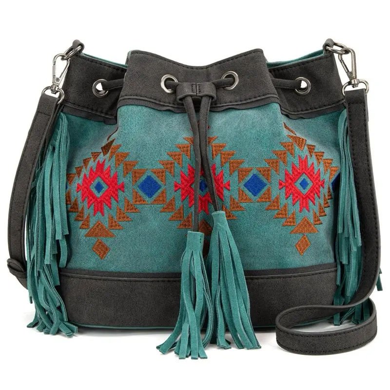 Montana West Embroidered Pattern Fringe  Collection Drawstring Shoulder Bag/Crossbody womens