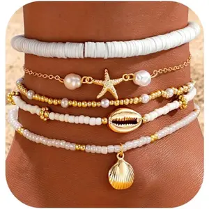Boho Shell Ankle Bracelet Set for Women, 5 Pairs 14K Boho Bead Handmade Adjustable Anklet, Hawaiian Beach Seashell Starfish Foot Jewelry Gifts