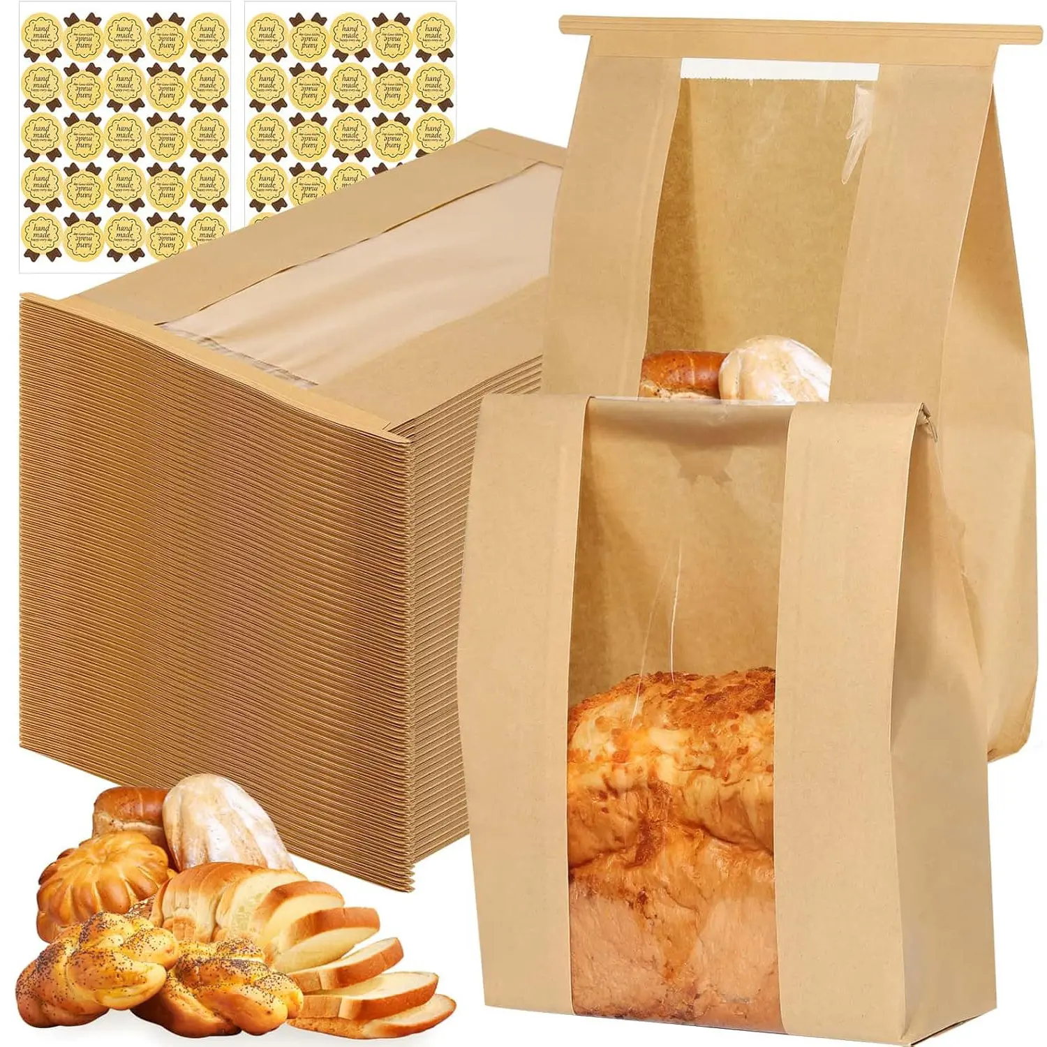 Bread Bags with Tin Tie Tab Lock, 70 Pack Large Kraft Paper Sour Dough Bag for Homemade Bread Sourdough Storage for Treat Packaging Storage Gift Giving with 75 Pcs Seal Sticker