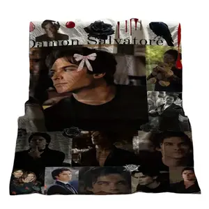The Vampire Diaries Damon Salvatore themed printed flannel blanket, soft and comfortable for all seasons, suitable for sofas, offices, and travel