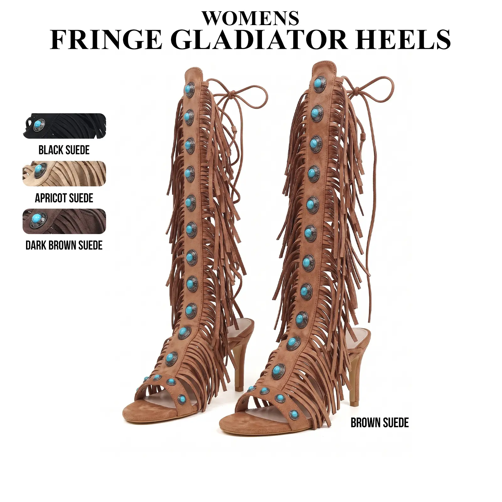 CYNLLIO Womens Gladiator Knee High Heels Open Round Toe Stiletto High Heel Fringe Lace Up Strappy Peep Toe Fashionable Modern Party Holiday Outing Dating Concert Cosplay Casual Dress Spring Summer Boho Style Sandal Shoes Deals For You Days