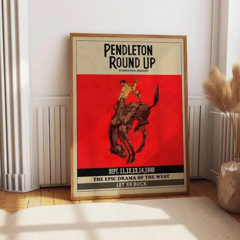 Pendleton Round Up Rodeo Poster Cowboy Cowgirl Prints Ranch Decor Red Posters Western Wall Art Room Artwork Kitchen Nursery Decoration Artistic Ornaments Photo Frames Glossy