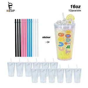 ICESIP 16oz 12Pack Clear Acrylic Tumbler Cup with Straw and Lid,Double wall Plastic Tumbler,Snow Globe Tumbler for Ice Coffee,Juice,Soda Drink, Smoothie Cup,DIY,BPA-Free
