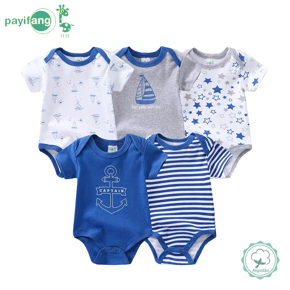 5-piece set of boys' bodysuits, baby cotton short-sleeved dresses, and essential cartoon sports-style clothing for baby boys
