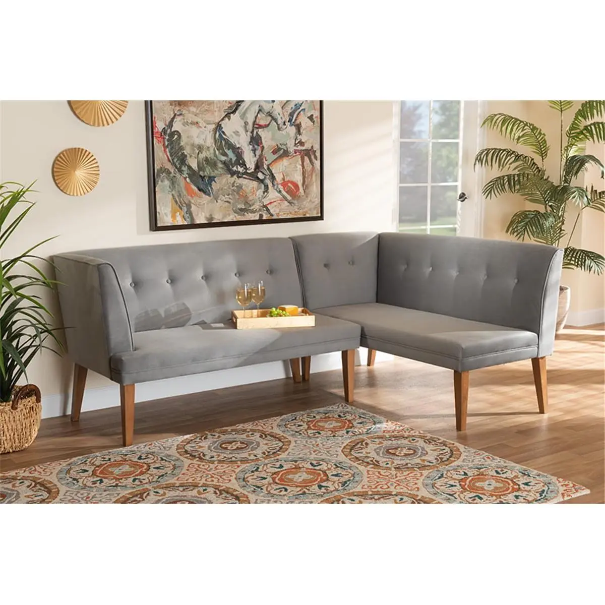 Stewart 2-Piece Mid-Century Modern Velvet Fabric Button-Tufted Wood Corner Dining Nook Banquette Set with Multiple Seats, Grey & Walnut Brown (Baxton Studio Collection), 47.20 X 20.10 X 16.70 In, Angled Legs, Dining Room, Two Piece Set, Clean Design