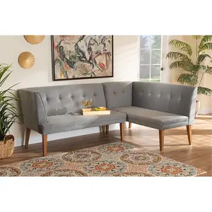 Stewart 2-Piece Mid-Century Modern Velvet Fabric Button-Tufted Wood Corner Dining Nook Banquette Set with Multiple Seats, Grey & Walnut Brown (Baxton Studio Collection)
