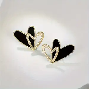 Elegant Black Heart-Shaped Stud Earrings with Crystal Embellishments - Perfect for Everyday And Party Wear