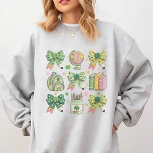 Teacher - Teacher Couqette Bow Element St Patrick Day Sweatshirt - Ash Grey - Teacher Sweatshirt Pullover Soft Unisex Womenswear Cotton Fabric