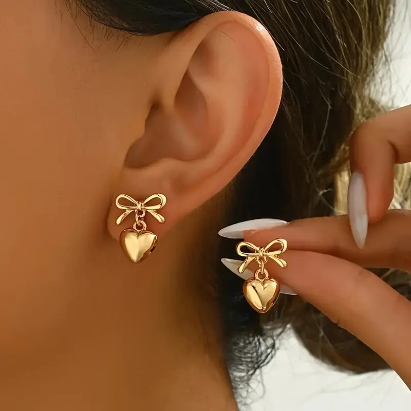 [Vintage Bow Earrings] 1 Pair of Charming Vintage Bow Heart Dangling Earrings, Elegant Temperament, Suitable for Women'S Daily Commuting And Holiday Decoration