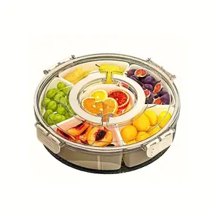 Rotating Snack Tray with Lid & Handle, Multi Compartment Fruit Veggie Serving Platter, Durable PP Material, Perfect for Tacos, Party, Travel, Reusable Snack Containers, Food Storage Organizer