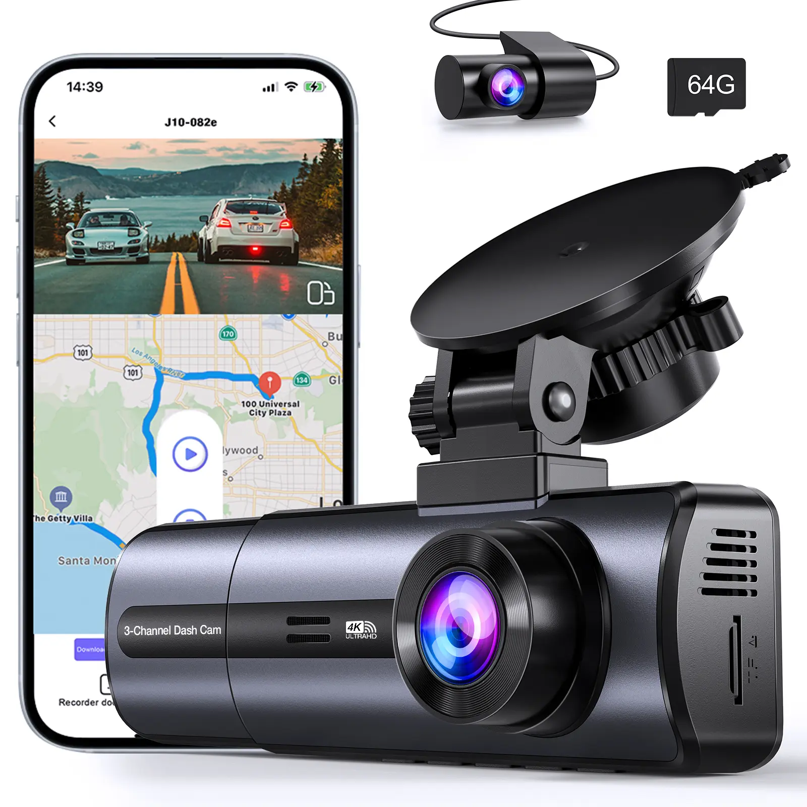 3-Channel 4K Dash Cam with 5GHz WiFi & APP, Triple Front/Rear/Inside Recording (4K+1080P+1080P), 64GB Card Included, G-Sensor, 24H Parking Mode, Enhanced Night Vision, Loop Recording, Car Driving Recorder, Perfect for Car VLOG & Family Travel Gift