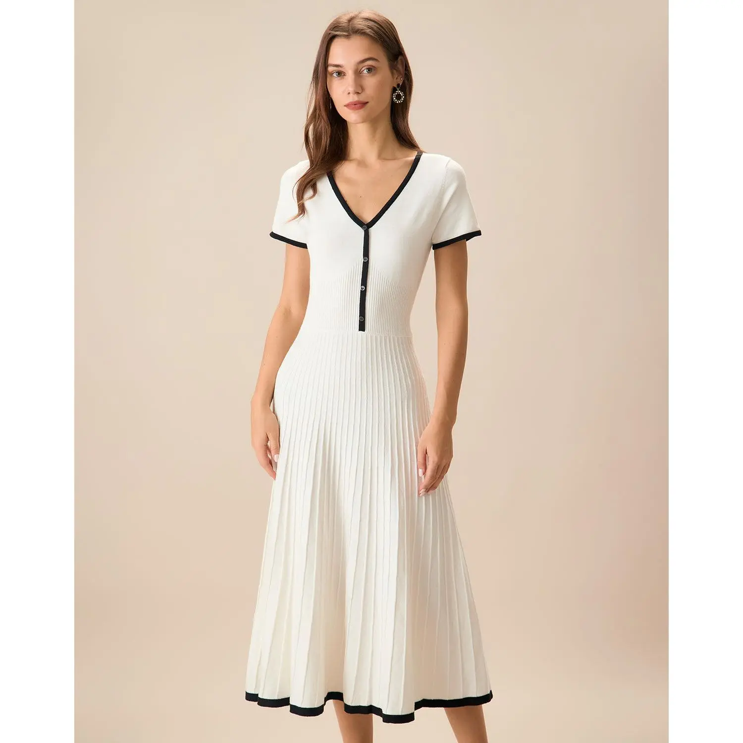RIHOAS Women's A-Line Sweater Dress, Knit Midi with Contrast Polo Collar, Short Sleeve Button Detail, Ready to Wear Polyester Blend, Nylon, All Seasons, Shortsleeve