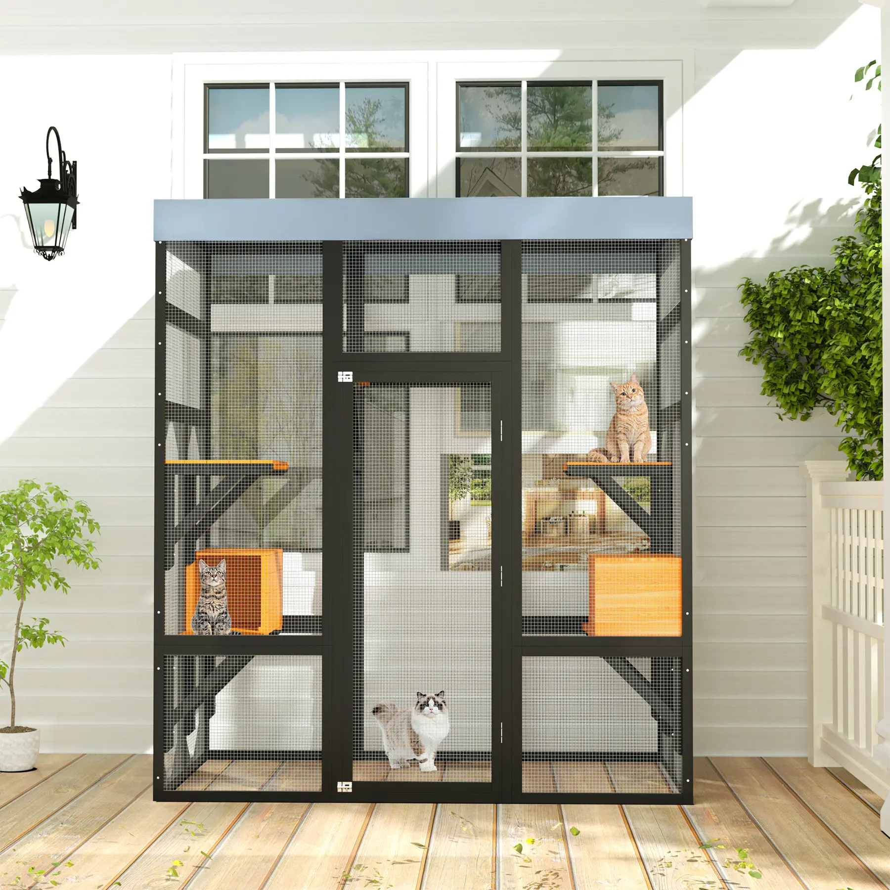 Large Spacious Outdoor Cat Enclosure Catio - Safe Cage Kennel, 5 Platforms, 2 Napping Houses, Secure Construction, Mesh, Waterproof, Easy Assembly for Indoor & Outdoor Use