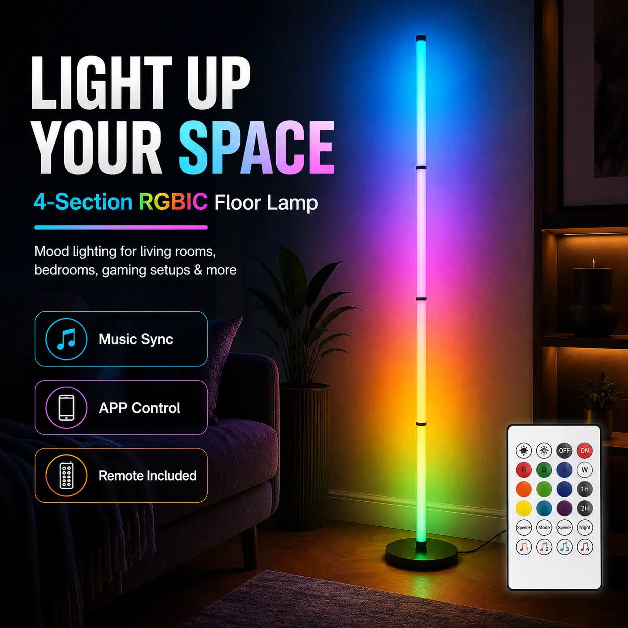 1PC/2PCS Smart RGBIC Floor Lamp, 4-Section Color Changing LED Corner Lamp with Music Sync, App & Remote Control, Timer, USB Powered Mood Light for Bedroom, Living Room, Gaming Room & Party Decor