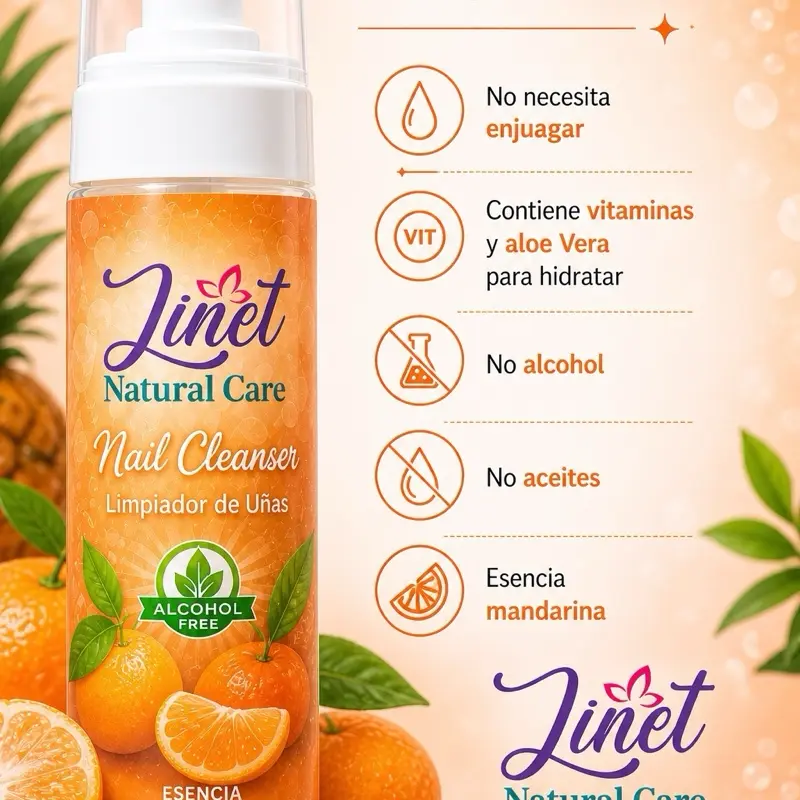 Linet Natural Care Nail Cleanser Mandarin Essence Alcohol-Free with Vitamins & Aloe Vera for Hydration cuticle Manicure Polish