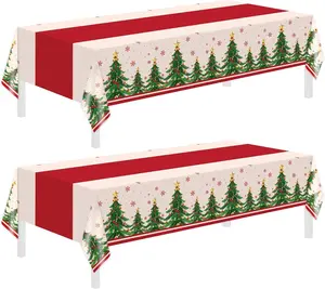 2 Pack Christmas Tablecloths,Christmas Party Decoration,54 x 108 Inch,Disposable Plastic Table Cloths Rectangular for Party Supplies,Xmas Tree Table Cover for Home,Dinner,Indoor,Outdoor,Picnic