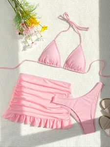 Women's 3-Piece Sexy Ruched Halter Swimsuit Set - Ruffled Bathing Suit Casual Triangle Tie Back Bikini Top, High-Cut Swim Thong, Ruffle Hem Cover-Up Skirt for Beach Holiday Vacation